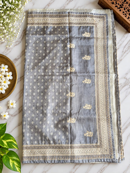 Pure Handloom Tussar Silk Saree – Charcoal Grey with Floral Butis, Polka Accents & Woven Zari Border (C023 041)