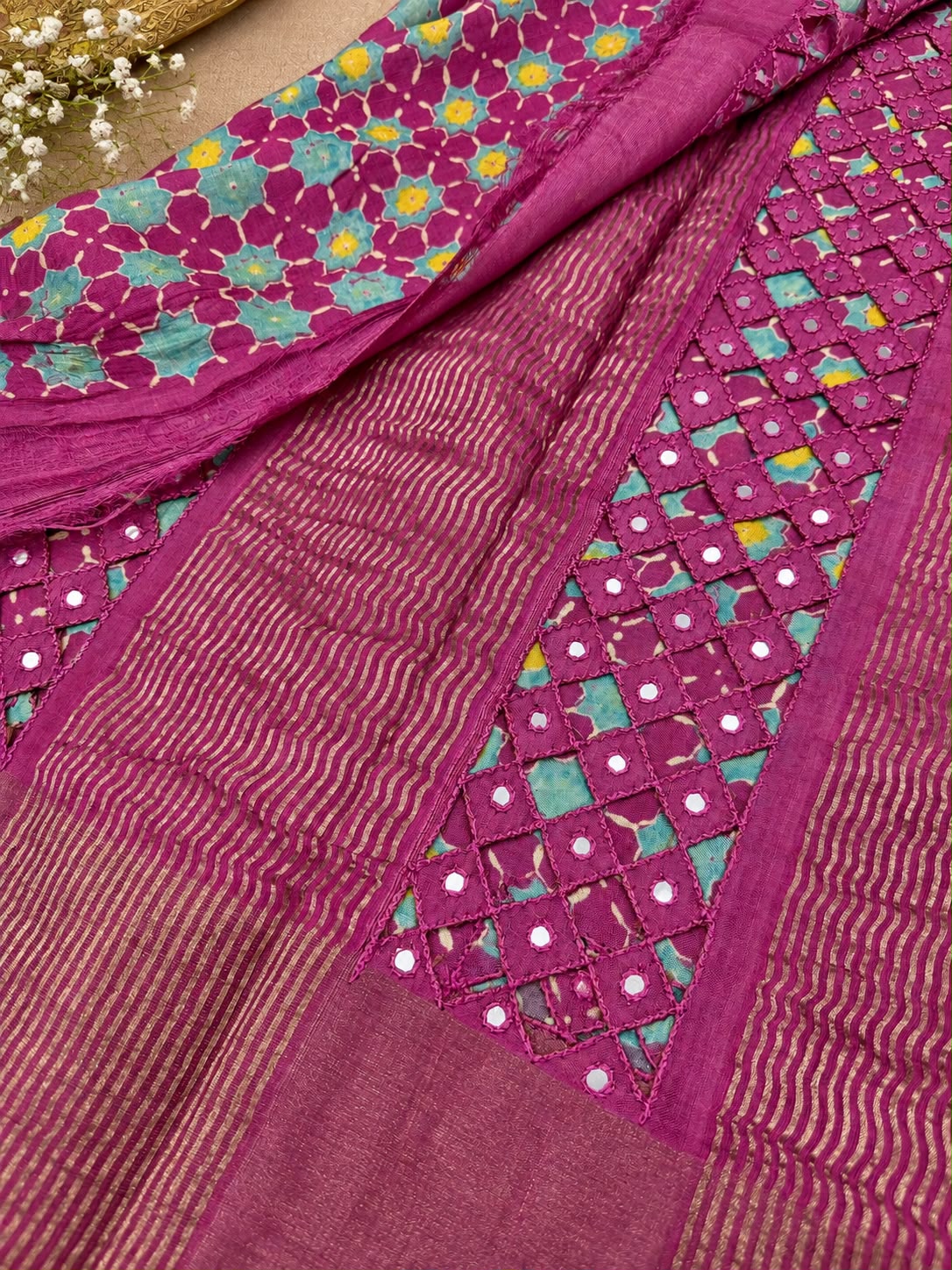 Pure Handloom Tussar Silk Saree – Magenta & Turquoise Floral Batik with Zari Weave & Mirror Cutwork (C017 240)