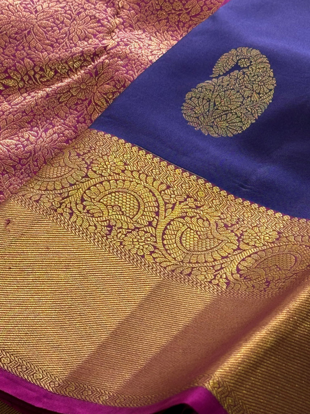 Pure Handloom Kanjivaram Silk Saree – Deep Navy Indigo with Royal Paisley & Mandala Antique Zari Border (C017-073)