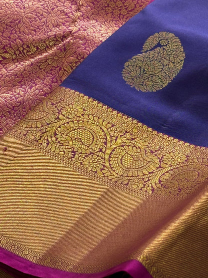 Pure Handloom Kanjivaram Silk Saree – Deep Navy Indigo with Royal Paisley & Mandala Antique Zari Border (C017-073)