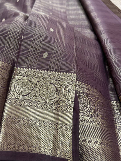 Pure Handloom Kanjivaram Silk Saree – Coffee Brown Checks with Peacock and Mandala Zari Border (C019-005)