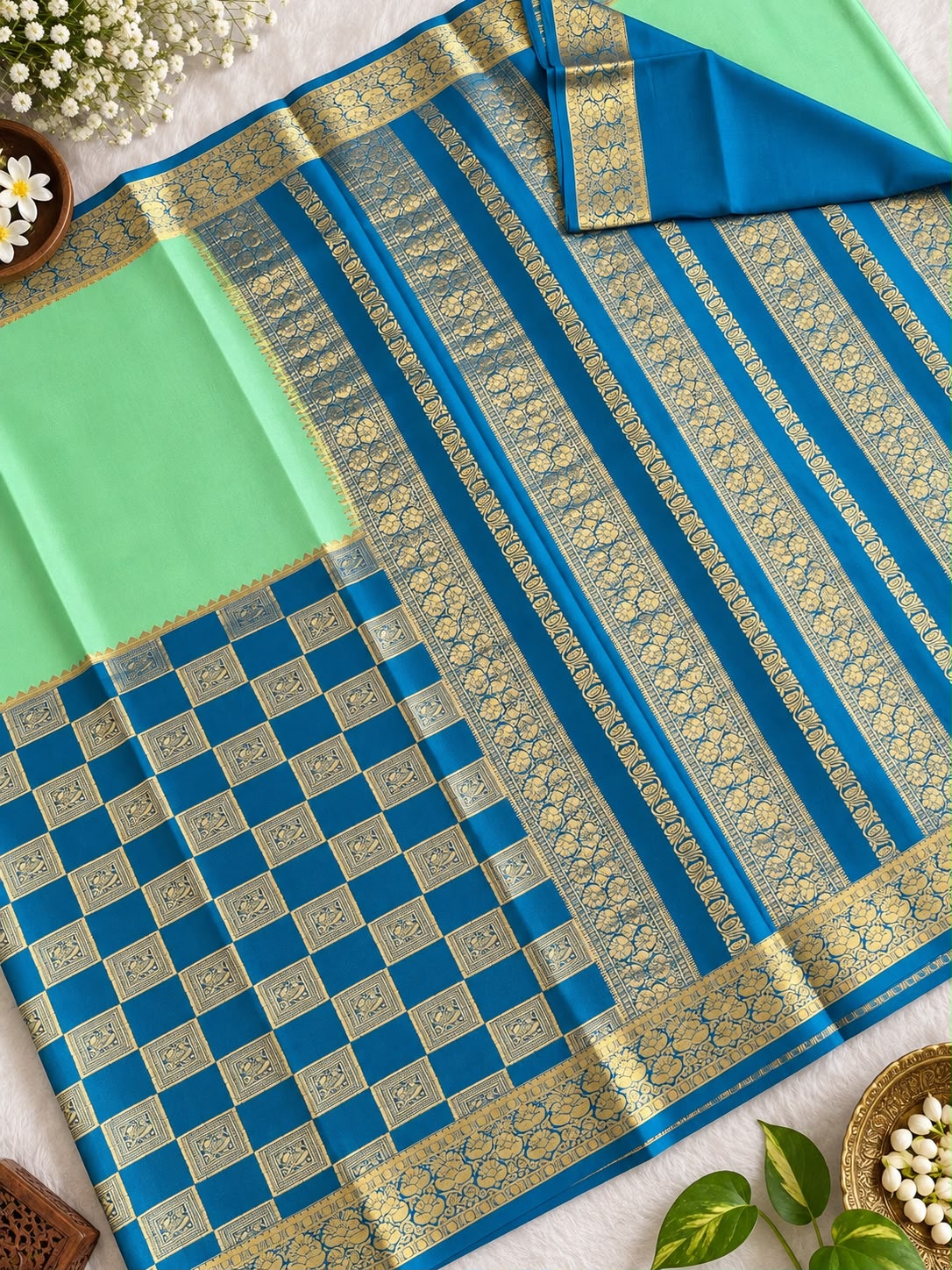 Pure Mysore Crepe Silk Saree – Pastel Pink & Mustard Yellow with Paisley Zari Border & Temple Motif (C023 078)