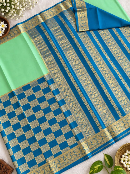 Pure Mysore Crepe Silk Saree – Pastel Pink & Mustard Yellow with Paisley Zari Border & Temple Motif (C023 078)