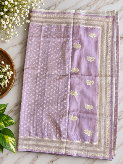 Pure Handloom Tussar Silk Saree – Lavender Lilac with Floral Butis, Polka Accents & Woven Zari Border (C023 042)