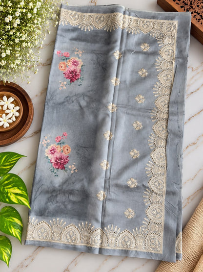 Pure Handloom Tussar Silk Saree – Smoky Slate Grey with Floral Digital Print, Embroidered Butis & Cutwork Lace Border (C023 047)