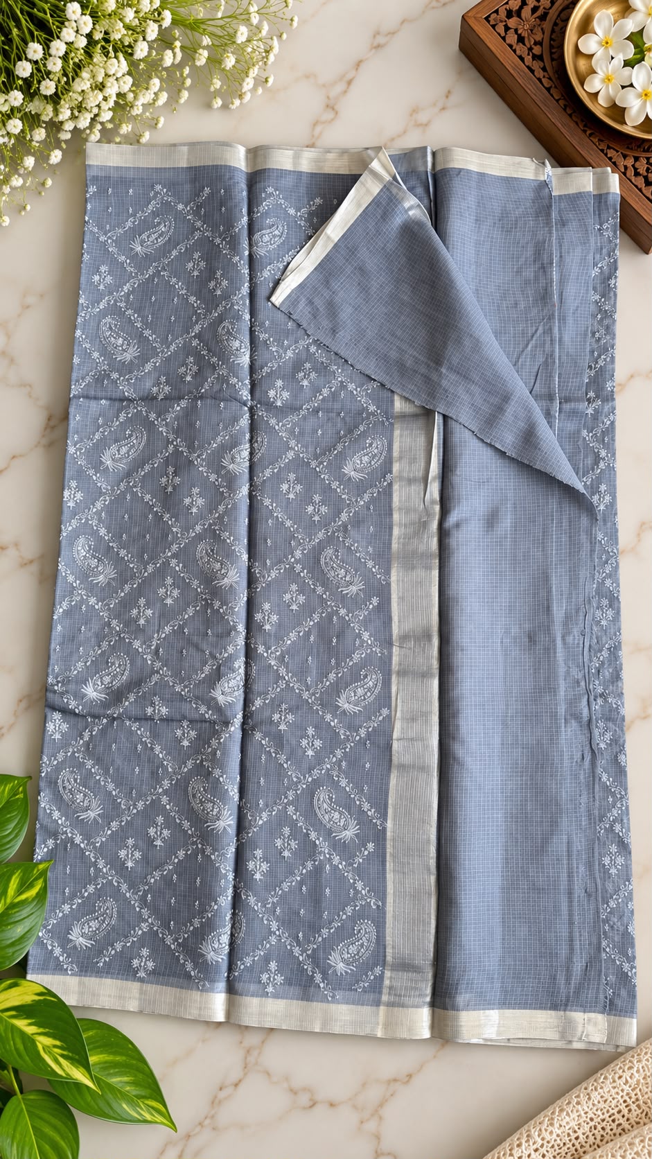 Handloom Kota Doria Saree – Slate Grey with Chikankari-Inspired Paisley Jaal & Silver Zari Border (C020 052)