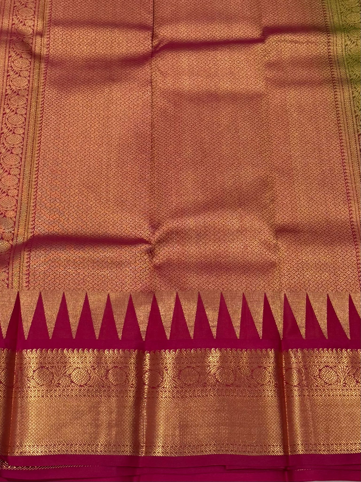 Elegant Lime Green Saree with Contrast Pink Temple Border (co17 59)