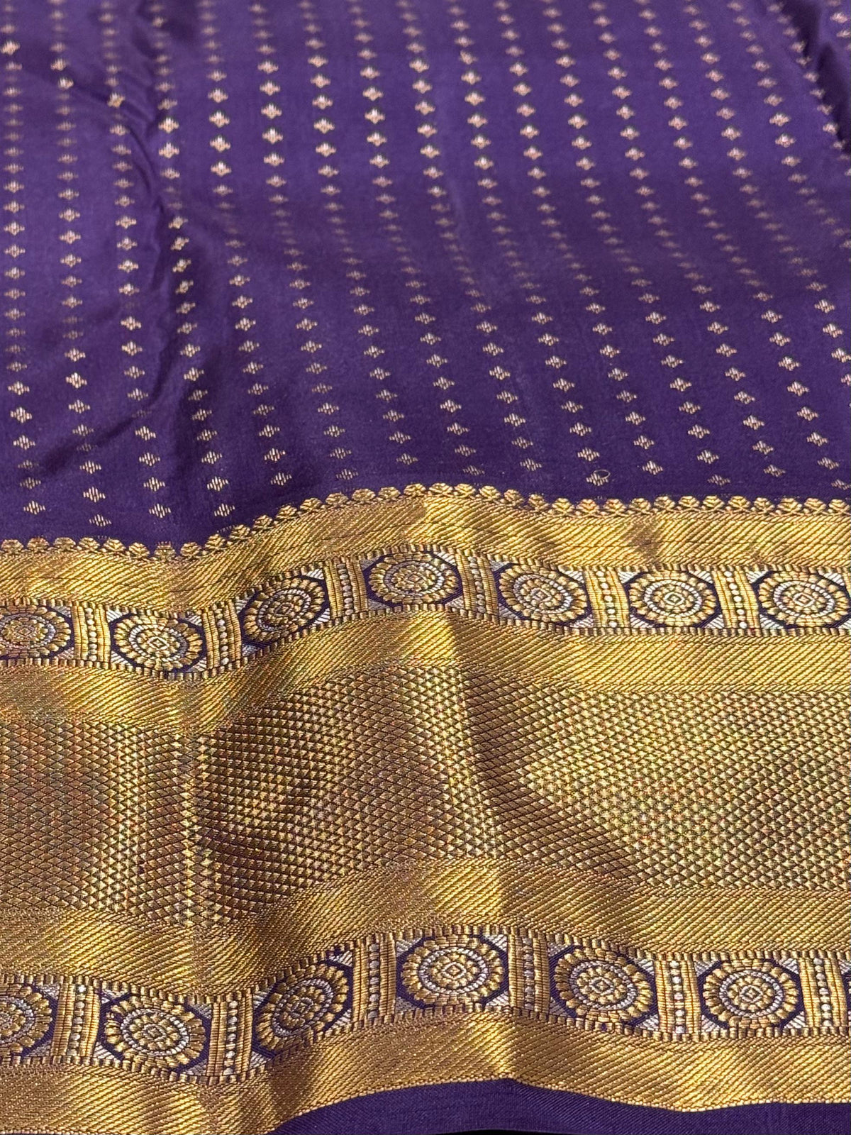 Pure Handloom Kanjivaram Silk Saree – Deep Violet-Purple with Heritage Mandala Gold Zari Border (C019-006)