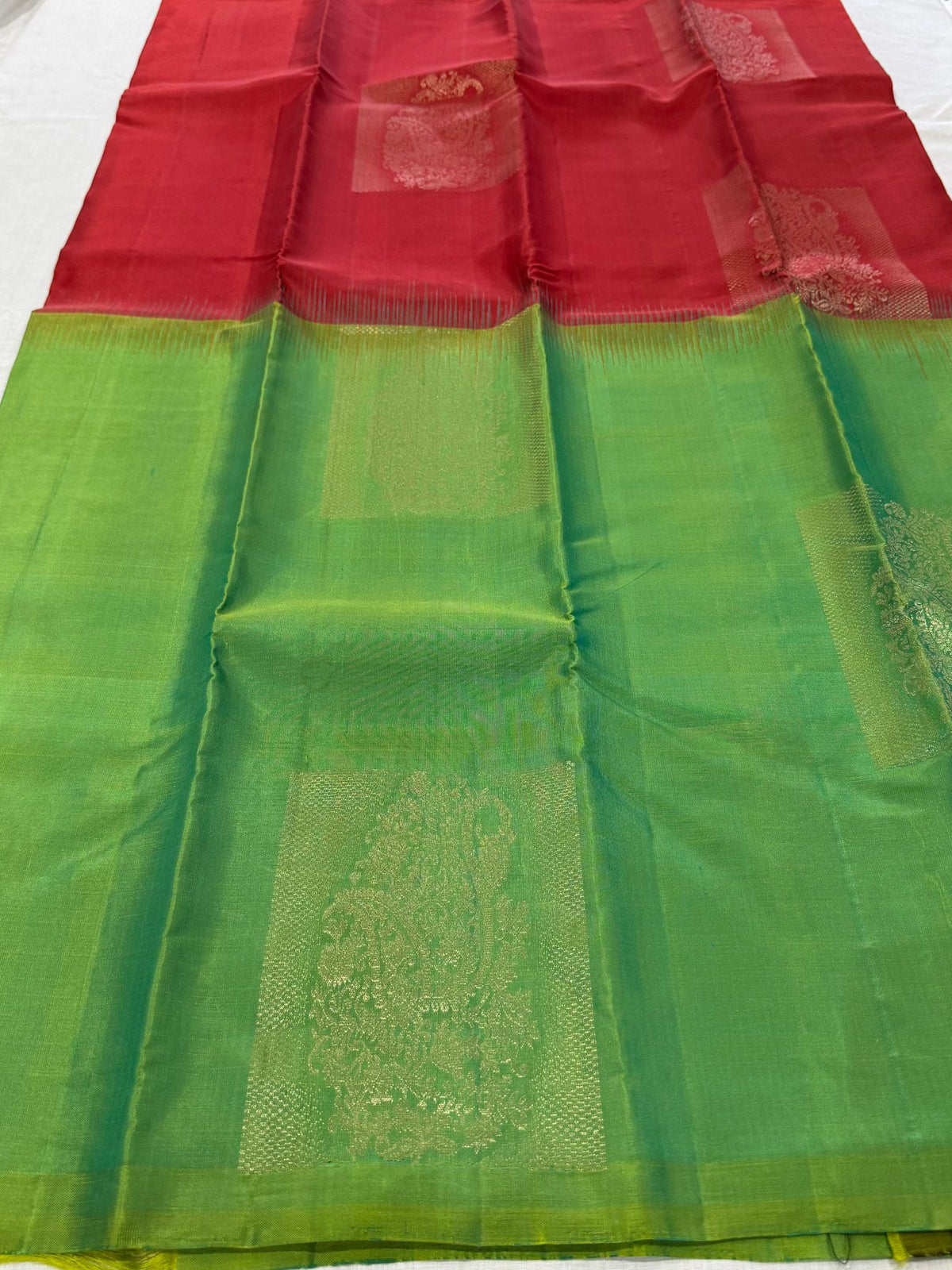 Pure Handloom Kanjivaram Silk Saree – Crimson Red & Parrot Green Half-and-Half Drape (C019-011)