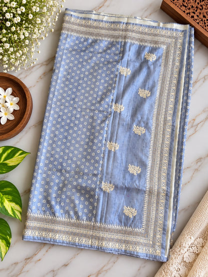 Pure Handloom Tussar Silk Saree – Powder Blue with Floral Jaal, Polka Print & Silver Zari Border (C023 040)