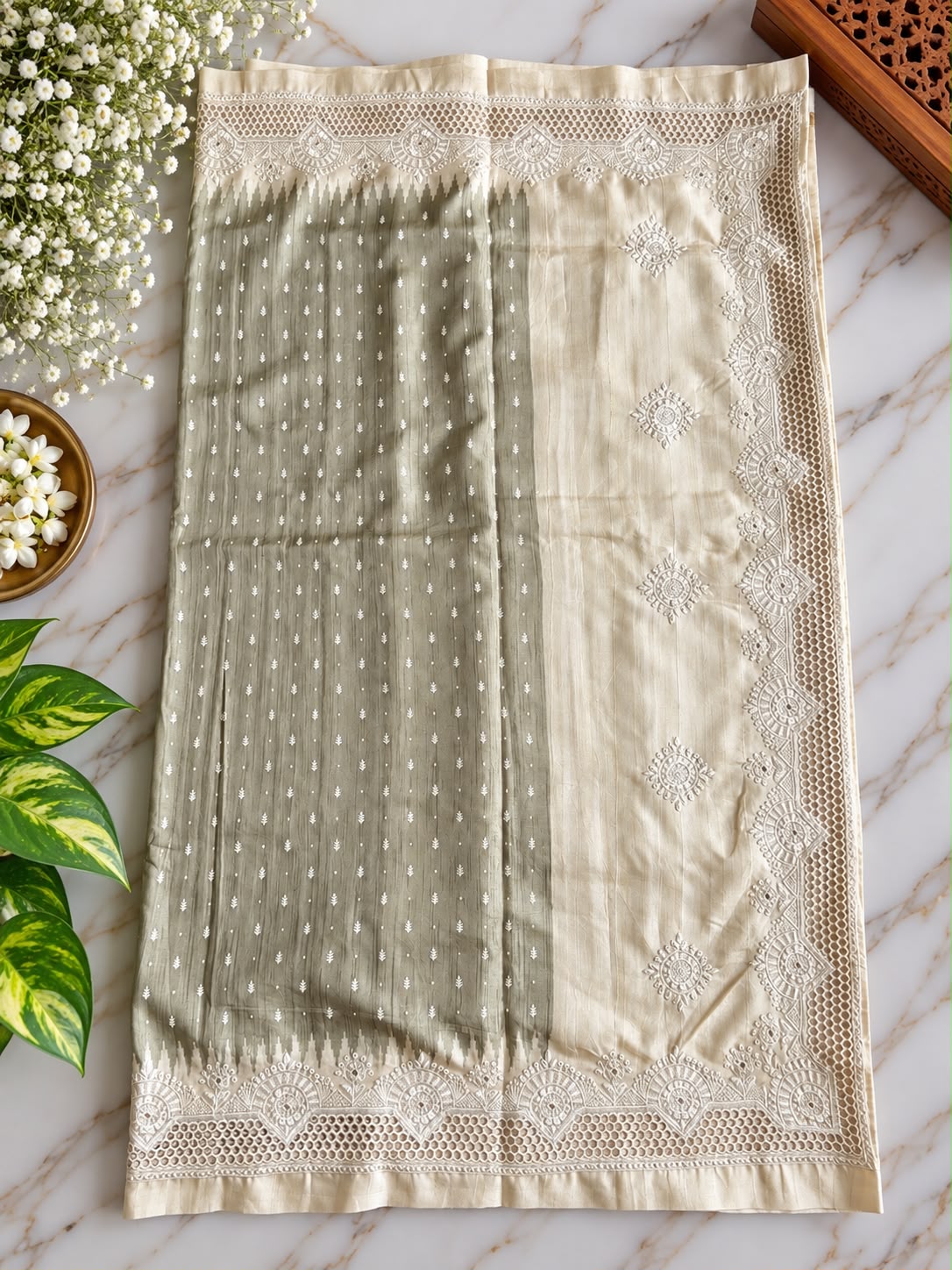 Pure Handloom Tussar Silk Saree – Olive Moss & Cream with Ikat Temple Edge and Scalloped Lace Cutwork Border (C023 046)