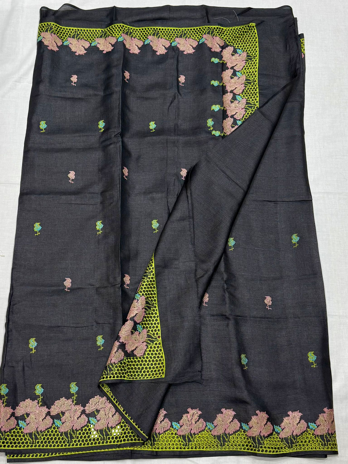 Pure Handloom Tussar Silk Saree – Charcoal Black with Cross-Stitch Floral Motifs & Lime Green Cutwork Border (C017 231)