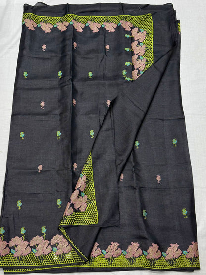Pure Handloom Tussar Silk Saree – Charcoal Black with Cross-Stitch Floral Motifs & Lime Green Cutwork Border (C017 231)