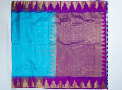 Pure Handloom Silk Saree – Turquoise Blue with Majestic Temple Zari Border (Includes Ready-Stitched Blouse) (C016 009)
