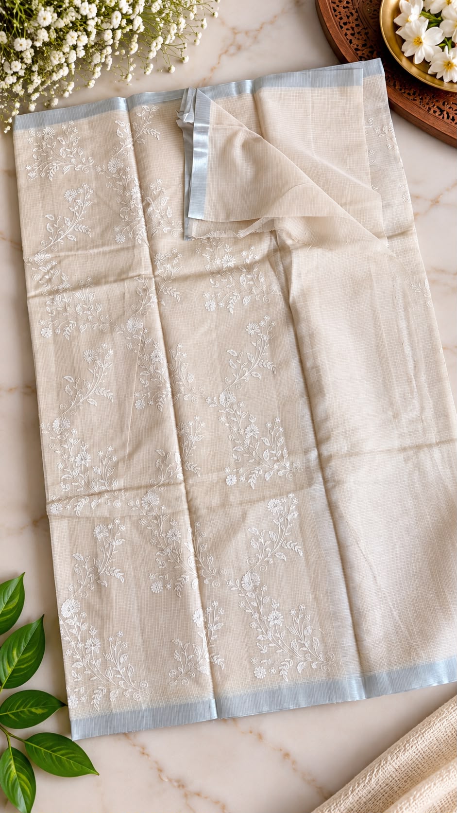 Pure Handloom Kota Doria Saree – Beige & Ivory with Delicate Floral Vine Embroidery & Ice Blue Zari Border (C020 050)