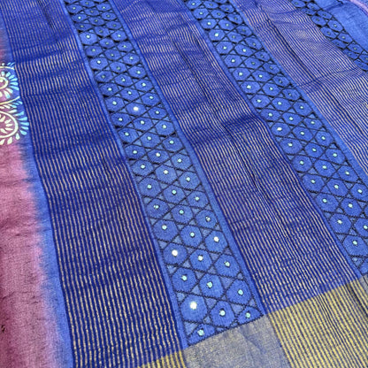 Pure Handloom Tussar Silk Saree – Wine Plum & Royal Blue Dual Tone with Floral Batik & Mirror Cutwork Border (C017 242)