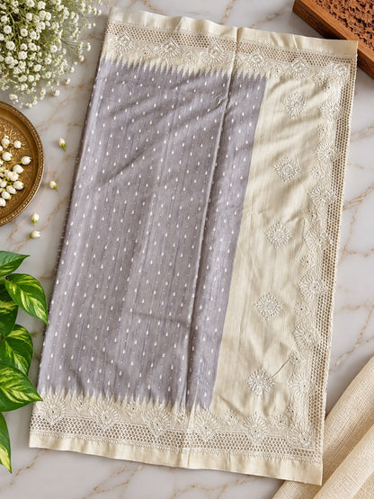 Semi Tussar Silk Saree – Dove Grey & Cream with Ikat Temple Transition and Scalloped Lace Cutwork Border (C023 045)