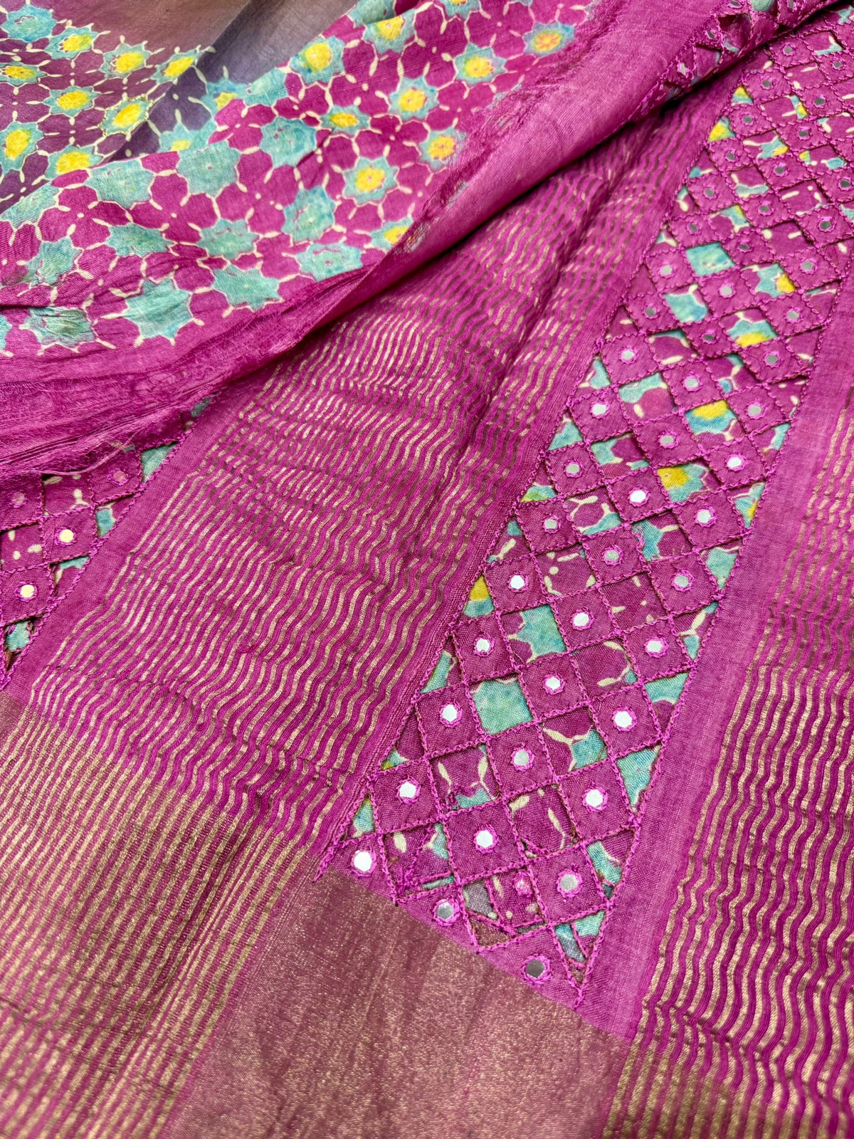 Pure Handloom Tussar Silk Saree – Magenta & Sea Green with Floral Batik Print, Zari Waves & Mirror Cutwork (C017-240)