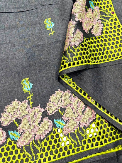 Pure Handloom Tussar Silk Saree – Charcoal Black with Cross-Stitch Floral Motifs & Lime Green Cutwork Border (C017 231)
