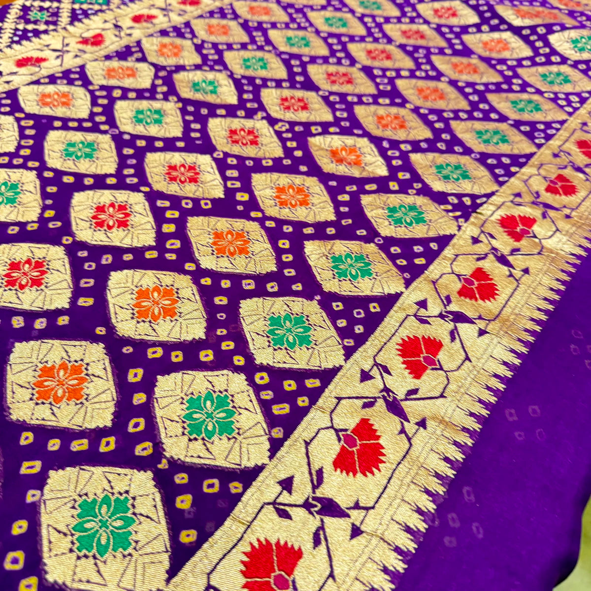 Pure Georgette Banarasi Bandhani Saree – Royal Purple with Meenakari Floral Jaal & Zari Border (co17 274)