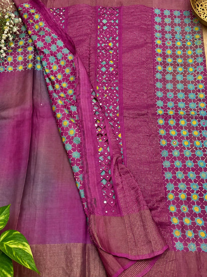 Pure Handloom Tussar Silk Saree – Magenta & Turquoise Floral Batik with Zari Weave & Mirror Cutwork (C017 240)