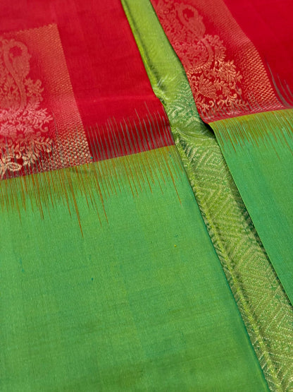 Pure Handloom Kanjivaram Silk Saree – Crimson Red & Parrot Green Half-and-Half Drape (C019-011)
