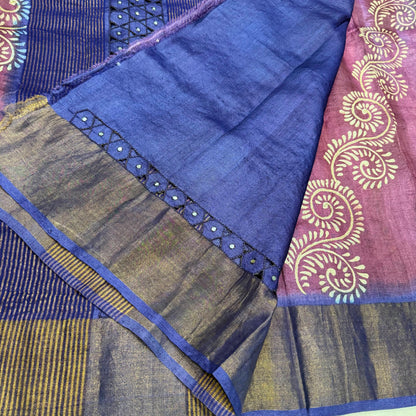 Handloom Tussar Silk Saree – Plum & Royal Blue Dual Tone with Cutwork Mirror Embroidery and Batik Motifs (co17 242)