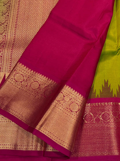 Elegant Lime Green Saree with Contrast Pink Temple Border (co17 59)