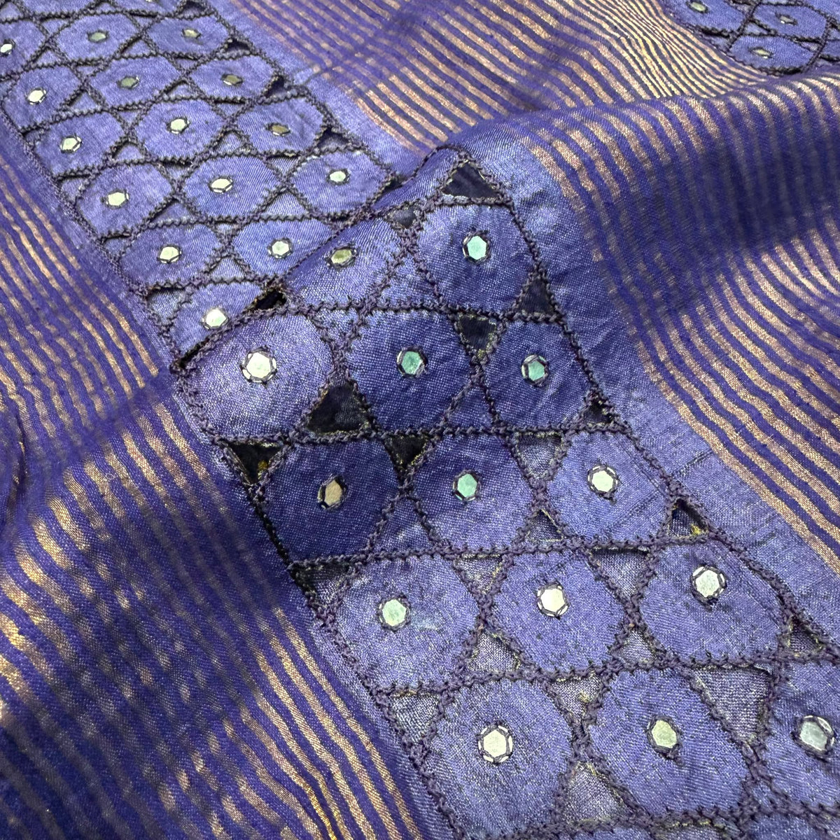Pure Handloom Tussar Silk Saree – Wine Plum & Royal Blue Dual Tone with Floral Batik & Mirror Cutwork Border (C017 242)