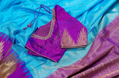 Pure Handloom Silk Saree – Turquoise Blue with Majestic Temple Zari Border (Includes Ready-Stitched Blouse) (C016 009)