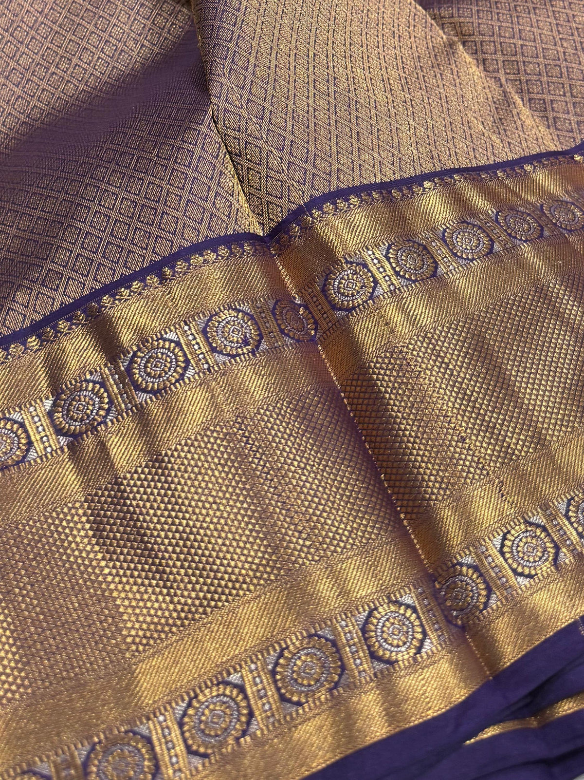 Pure Handloom Kanjivaram Silk Saree – Deep Violet-Purple with Heritage Mandala Gold Zari Border (C019-006)