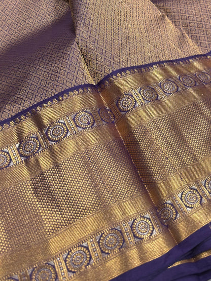Pure Handloom Kanjivaram Silk Saree – Deep Violet-Purple with Heritage Mandala Gold Zari Border (C019-006)
