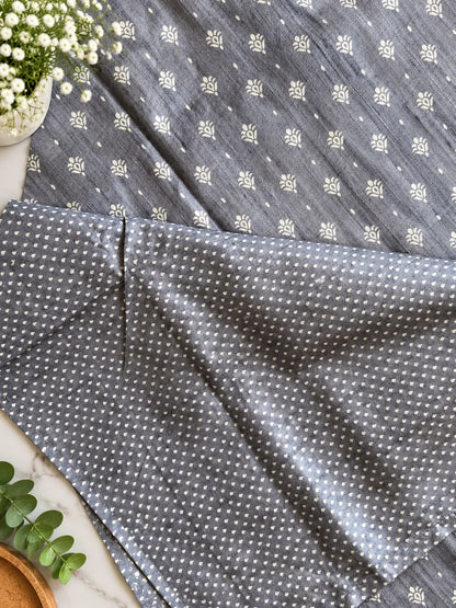 Pure Handloom Tussar Silk Saree – Charcoal Grey with Floral Butis, Polka Accents & Woven Zari Border (C023 041)