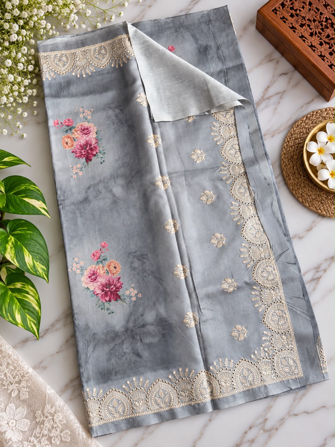Pure Handloom Tussar Silk Saree – Smoky Slate Grey with Floral Digital Print, Embroidered Butis & Cutwork Lace Border (C023 047)