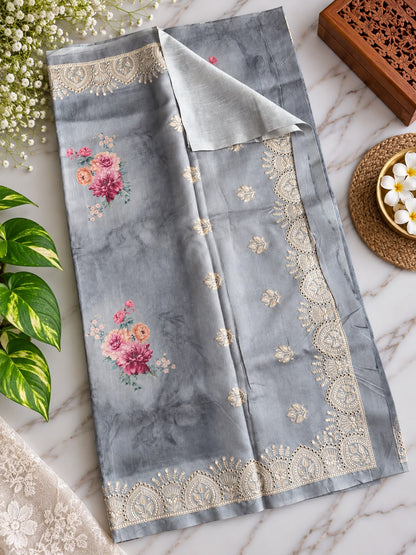 Pure Handloom Tussar Silk Saree – Smoky Slate Grey with Floral Digital Print, Embroidered Butis & Cutwork Lace Border (C023 047)