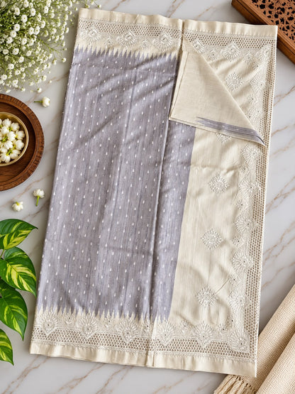 Semi Tussar Silk Saree – Dove Grey & Cream with Ikat Temple Transition and Scalloped Lace Cutwork Border (C023 045)