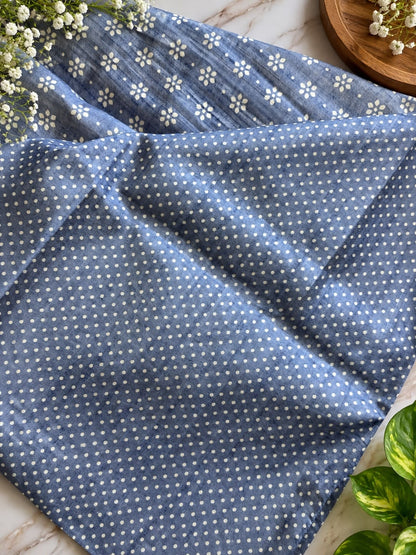 Pure Handloom Tussar Silk Saree – Powder Blue with Floral Jaal, Polka Print & Silver Zari Border (C023 040)
