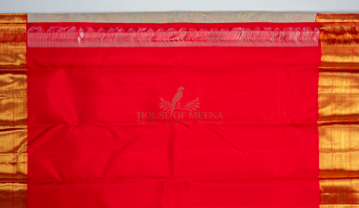 Pearlescent Botanical Silk Saree with Rich Red Zari Border