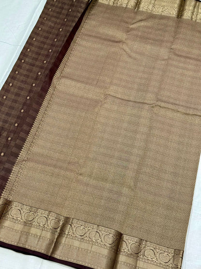 Pure Handloom Kanjivaram Silk Saree – Coffee Brown Checks with Peacock and Mandala Zari Border (C019-005)