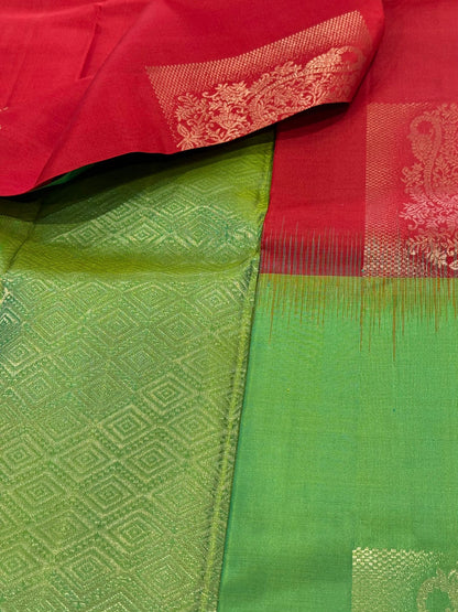 Pure Handloom Kanjivaram Silk Saree – Crimson Red & Parrot Green Half-and-Half Drape (C019-011)
