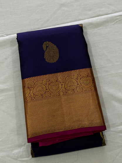 Pure Handloom Kanjivaram Silk Saree – Deep Navy Indigo with Royal Paisley & Mandala Antique Zari Border (C017-073)