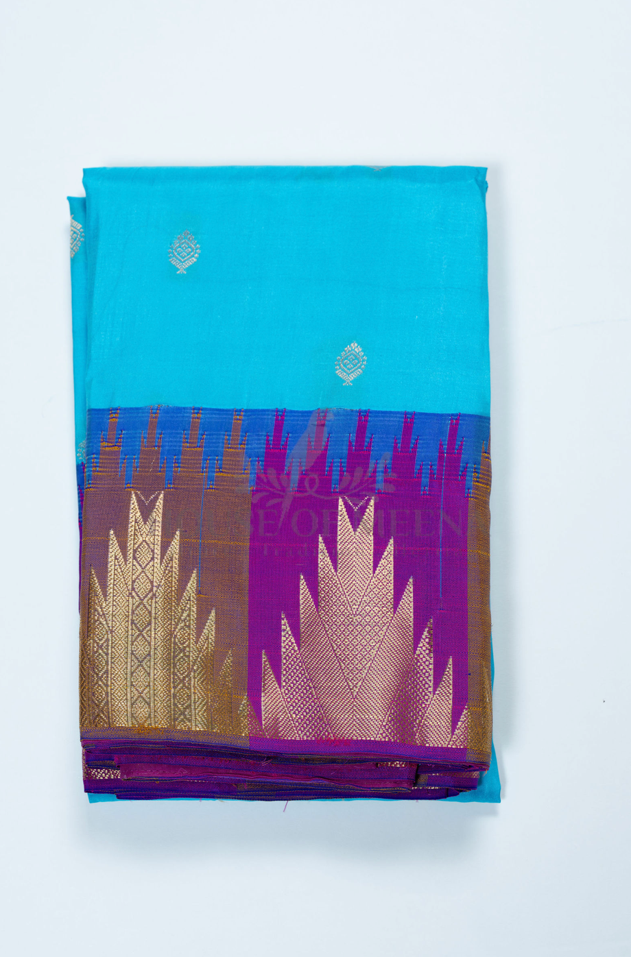Pure Handloom Silk Saree – Turquoise Blue with Majestic Temple Zari Border (Includes Ready-Stitched Blouse) (C016 009)