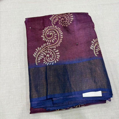 Handloom Tussar Silk Saree – Plum & Royal Blue Dual Tone with Cutwork Mirror Embroidery and Batik Motifs (co17 242)