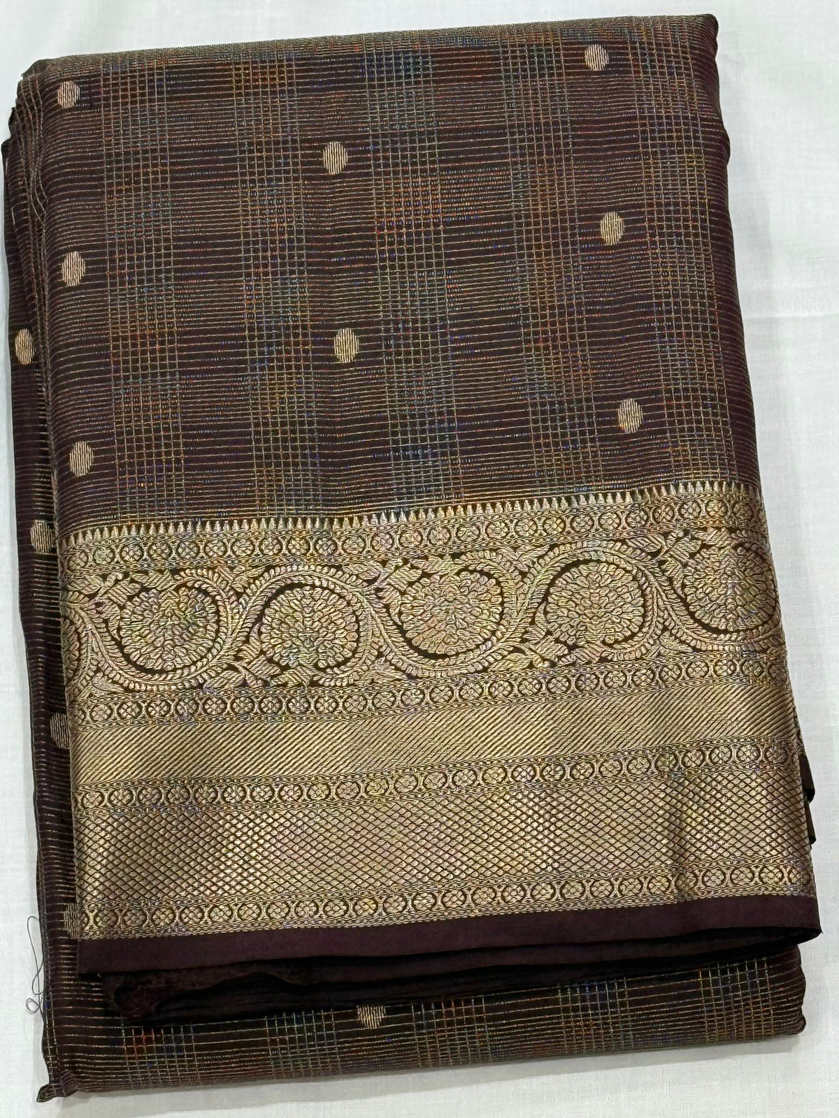 Pure Handloom Kanjivaram Silk Saree – Coffee Brown Checks with Peacock and Mandala Zari Border (C019-005)