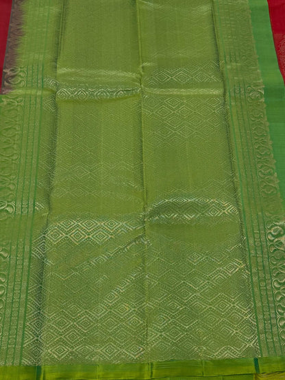 Pure Handloom Kanjivaram Silk Saree – Crimson Red & Parrot Green Half-and-Half Drape (C019-011)